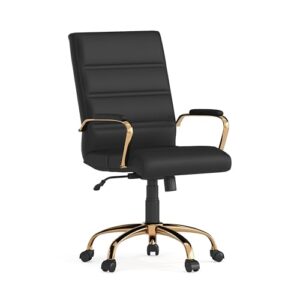 Flash Furniture Whitney Mid-Back Swivel LeatherSoft Desk Chair with Padded Seat and Armrests, Adjustable Height Padded Office Chair, Black/Gold