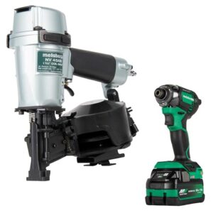 Metabo HPT Pneumatic Roofing Nailer + 18V Impact Driver Pro Bundle Kit, 1-3/4-Inch Coil Roofing Nailer with BONUS 18V Triple Hammer Impact Driver Kit, KNV45AB2