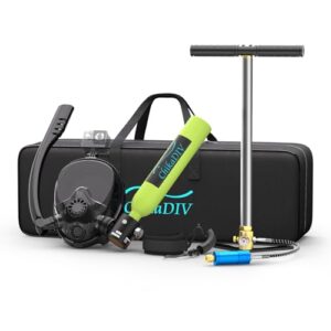 CHIKADIV Mini Scuba Tank with Full Face Snorkel Mask,0.5l Portable Lung Tank Supports Breath with Nose and Mouth, with Diving Camera Mount Anti-Leak and Anti-Fog DOT Certified C Green