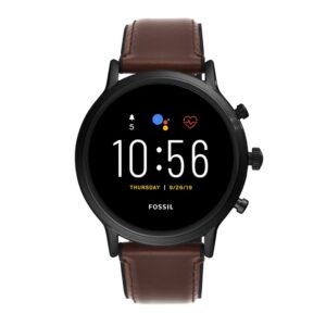 Fossil 44mm Gen 5 Carlyle Stainless Steel and Leather Touchscreen Smart Watch, Color: Black, Brown (Model: FTW4026)