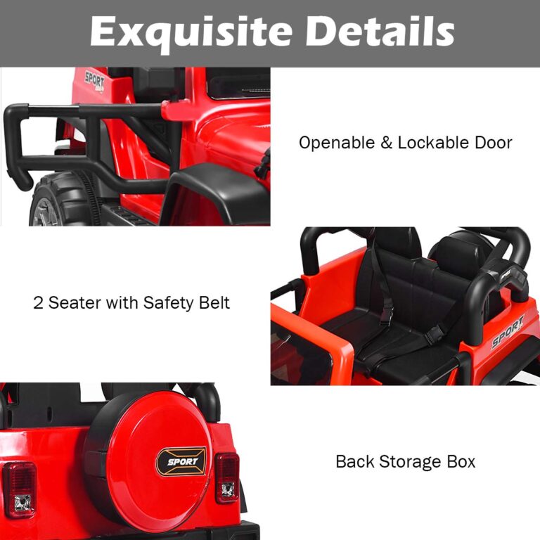 Costzon 2-Seater Ride on Truck, 12V Battery Powered Electric Vehicle Toy w/Remote Control, 3 Speed, LED Lights, MP3, Horn, Music, 2 Doors Open, Spring Suspension, Ride on Car for Kids (Red) - Image 4