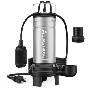 Aquastrong 1HP Sewage Sump Pump, Stainless Steel, 115V Automatic Float Switch, Cast Iron Impeller, Submersible Effluent/Sewage Pump for Sump Basin, Basement, 2'' NPT Discharge with 5283GPH