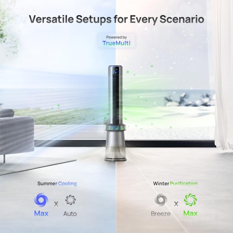 Dreo MC710S Air Purifier Tower Fan, 45" 2-in-1 Smart Fan for Bedroom, 27ft/s Velocity, 120°Oscillation, 24H Timer Bladeless Fans for Home, 25dB Low Noise, Standing Fan Works with Alexa, Silver Blue - Image 6