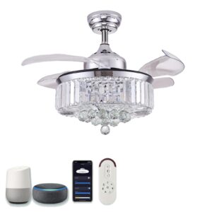 DuMaiWay 48" Alexa Ceiling Fan Smart Ceiling Fan with Light and Remote Fandelier WiFi Modern Crystal Chandelier Fan Retractable Dimmable for Bedroom Living Room