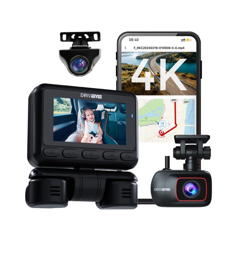 Driveye 4K Dash Cam with 5 Cameras – 4 Channel + 1 Baby Car Camera, Front and Rear, 360° View, IR Night Vision, Free 128GB Card & CPL, 5GHz Wi-Fi GPS, Voice Control, 24H Parking Mode, G-Sensor