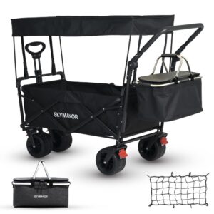 SKYMANOR Collapsible Wagon with Removable Canopy, 3-in-1 Heavy Duty Garden Cart with Big All-Terrain Wheels, Brakes, Adjustable Push Pull Handle, Cooler Bag, 300LBS Wagon Cart for Camping (Black)