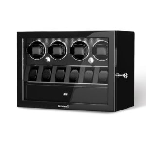 DUKWIN Watch Winder for 4 Automatic Watches, Watch Winders with Watch and Jewelry Storages, Super Quiet Mabuchi Motor with High-Gloss Piano Lacquer Finish,Built-in Illumination