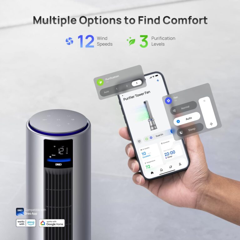 Dreo MC710S Air Purifier Tower Fan, 45" 2-in-1 Smart Fan for Bedroom, 27ft/s Velocity, 120°Oscillation, 24H Timer Bladeless Fans for Home, 25dB Low Noise, Standing Fan Works with Alexa, Silver Blue - Image 4