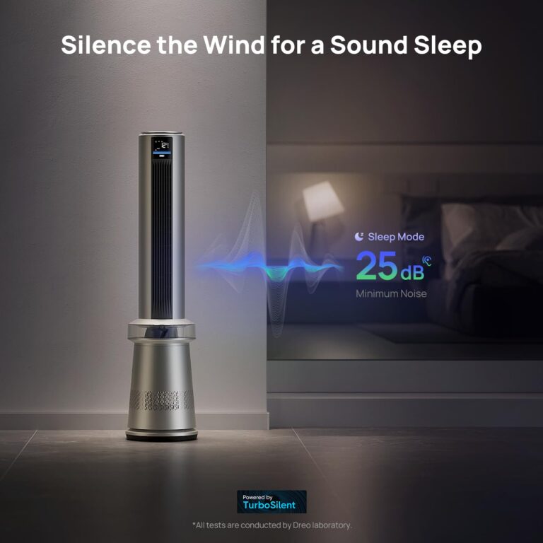 Dreo MC710S Air Purifier Tower Fan, 45" 2-in-1 Smart Fan for Bedroom, 27ft/s Velocity, 120°Oscillation, 24H Timer Bladeless Fans for Home, 25dB Low Noise, Standing Fan Works with Alexa, Silver Blue - Image 2