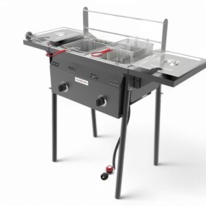 GasOne Outdoor Propane Deep Fryer - Double Burners, 16 Qt Stainless Steel, Removable Baskets & Lids, Oil Fryer Cart with Thermometer & Regulator - Perfect for Outdoor Cooking & Commercial Use