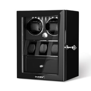 DUKWIN Watch Winder for 2 Automatic Watches,Lockable Watch Winders with Watch and Jewelry Storages, Super Quiet Mabuchi Motor with High-Gloss Piano Lacquer Finish,Built-in Illumination Black