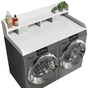 Corbyles 2-Tier Washer Dryer Countertop with 2.75"H Edge Rails, 54" W x 27.55" D Laundry Countertop for Folding Clothes, Washer and Dryer Topper with Non-Slip Pad (White)