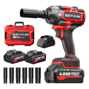 SEYVUM Cordless Impact Wrench, 1/2” Max Torque 900 Ft-lbs / 1200 N.m Powerful Impact Gun, 20V 3500RPM Electric Impact Driver, 2 x 4.0Ah Battery & Fast Charger, 6 Impact Sockets, Carrying Case Included