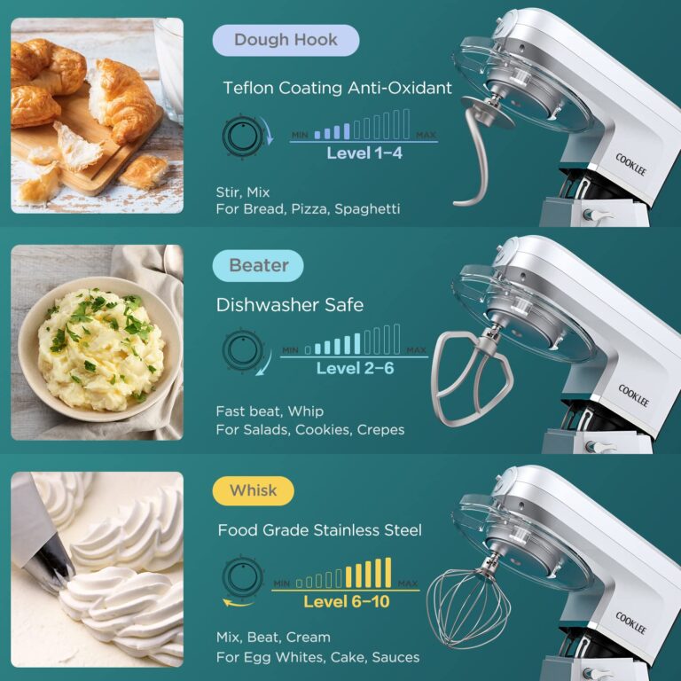 COOKLEE 6-IN-1 Stand Mixer, 8.5 Qt. Multifunctional Electric Kitchen Mixer with Beater, Whisk, Dough Hook, Meat Grinder and Other Accessories for Most Home Cooks, SM-1507BM, Silvery - Image 6