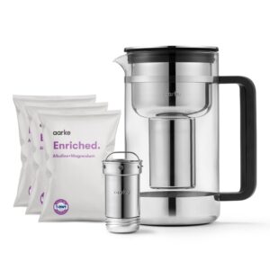 aarke Purifier Large - 1.66 L Glass Water Filter Pitcher Bundle, Refillable Stainless Steel Filter, BPA-Free, Includes (3-Pack) Refill Enriched Granules, Reduce Heavy Metals and Adds Minerals