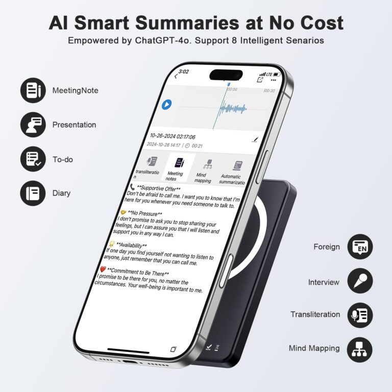 AI Voice Recorder, Digital Voice Recorder App Control, Transcribe & Summarize & Translation Empowered by ChatGPT, Wireless Charging, 107 Languages, 64GB Memory (White) - Image 7