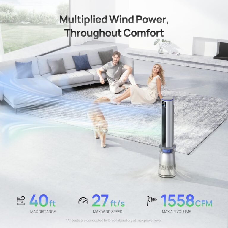 Dreo MC710S Air Purifier Tower Fan, 45" 2-in-1 Smart Fan for Bedroom, 27ft/s Velocity, 120°Oscillation, 24H Timer Bladeless Fans for Home, 25dB Low Noise, Standing Fan Works with Alexa, Silver Blue - Image 5