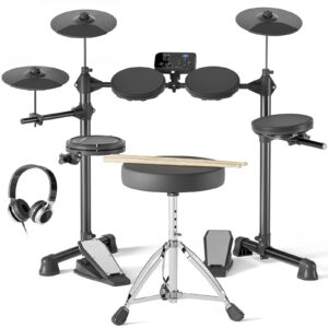 AODSK Electronic Drum Set for Beginner Kids with 150 Sounds,4 Quiet Drum Pads,2 Switch Pedal,Drum Throne,Drumsticks,On-Ear Headphone,AED-400