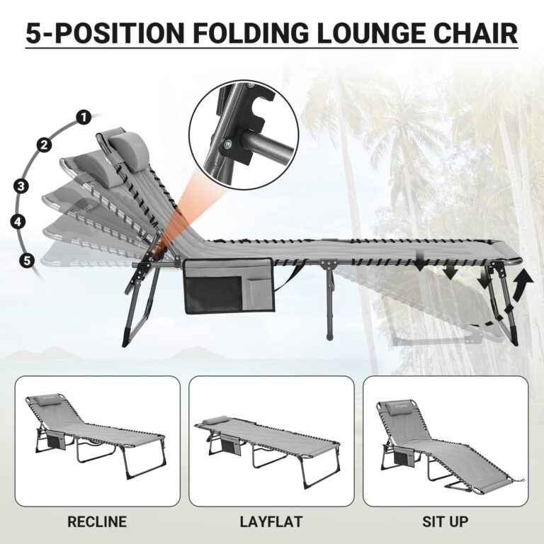 KingCamp Set of 2 Oversize Padded Folding Chaise Lounge Chair for Outdoor, Patio, Beach,Lawn, Sunbathing, Tanning, Pool, Lay Flat Heavy-Duty Adjustable Reclining Chairs with Pillow, Support 330lb,Grey - Image 5