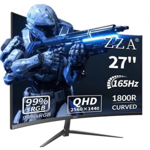 ZZA 27 Inch QHD 2560 x 1440 Gaming Monitor 165Hz 1ms Fast IPS Computer Monitor,1800R, HDMI 2.0 x2 |DP1.4x2 VESA Mount, 99% sRGB HDR Eye Care Metal Stand