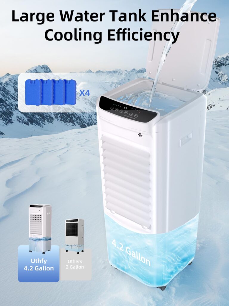 Uthfy 1800 CFM Evaporative Air Cooler, 32 Inch Swamp Cooler Air Conditioner with 4.2 Gal Water Tank, 120°Oscillation, 12H Timer, 3 Speed, 4 Modes, Remote, Portable Cooling Fan for Bedroom, Living Room - Image 6