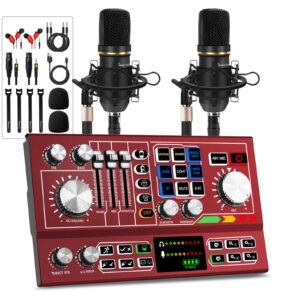 Hayner-Seek Podcast Equipment Bundle for 2,Audio Interface DJ Mixer With 3.5mm XLR Condenser Microphone for Living Streaming,Recording,Gaming,TikTok,YouTube,PC,Smartphone (Red)