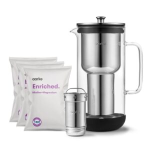 aarke Purifier Regular - 1.18 L Glass Water Filter Pitcher Bundle, Refillable Stainless Steel Filter, BPA-Free, Includes (3-Pack) Refill Enriched Granules, Reduce Heavy Metals and Adds Minerals