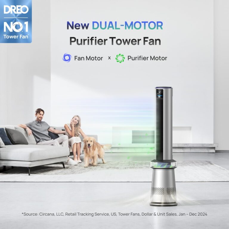 Dreo MC710S Air Purifier Tower Fan, 45" 2-in-1 Smart Fan for Bedroom, 27ft/s Velocity, 120°Oscillation, 24H Timer Bladeless Fans for Home, 25dB Low Noise, Standing Fan Works with Alexa, Silver Blue - Image 7