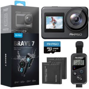 AKASO Brave 7 Action Camera 4K30FPS 20MP with 128GB U3 MicroSDXC Memory Card, Waterproof Camera with Touch Screen IPX8 33FT EIS 2.0 Zoom Support External Mic Voice Control with 2X 1350mAh Batteries