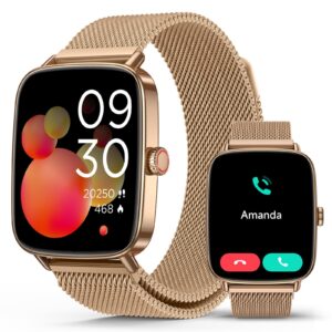 2025 Smart Watches for Women, 1.85" AI Voice Smartwatch, 24/7 Heart Rate Monitor, Stress/SpO2/Sleep Tracker, IP68 Waterproof, Weather, 100+ Sports Fitness Tracker for Android iOS Glod Metal
