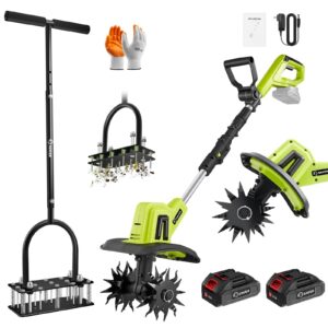 Saker 22V Cordless Electric Garden Tiller & Lawn Aerator Tool Combo, Lightweight Rototiller for Soil Preparation, Weeding, 9-Inch Tilling Width, 6.3-Inch Depth + 15-Spike Manual Aerator for Yard, Gard