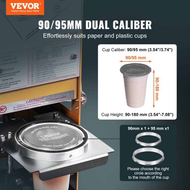 VEVOR Cup Sealing Machine, Full Automatic Cup Sealer Machine for Electric Tea Sealer with Digital Control LCD Panel for Bubble Milk Tea Coffee, 500-650 Cups/H,180 mm Tall & 90/95 mm Cup, Gold - Image 9