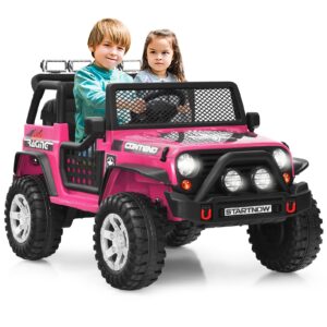 HONEY JOY 2 Seat Ride On Truck,12V Battery Powered Electric Cars for Kids, Spring Suspension, LED Lights, Remote Control, Horn, Music/ MP3, Toddler 4 Wheeler Ride On Toys Car for Girls(Pink)