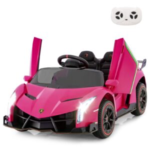 INFANS 2 Seater Kids Ride on Car, 12V 4WD Licensed Lamborghini Veneno Powered Electric Vehicle with Hydraulic Doors, Rocking Mode, Adjustable Speeds, Remote Control, MP3, Headlight (Coral)