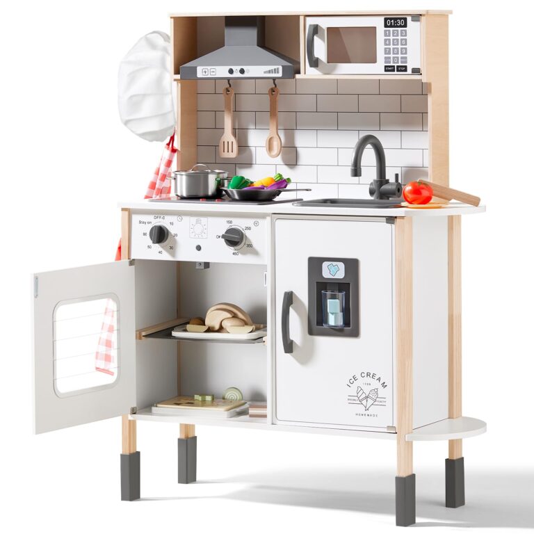 Tiny Land Play Kitchen for Kids, Wooden Kids Play Kitchen Playset Chef Pretend Play Set for Toddlers with Real Lights & Sounds, Toys Kitchen with 18 Pcs Toy Food & Cookware Accessories - Image 5