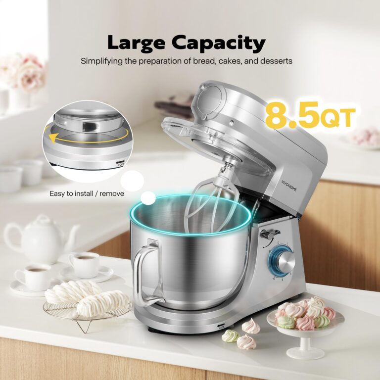 VIVOHOME 6 in 1 Multifunctional Stand Mixer with 8.5 Quart Stainless Steel Bowl, 660W 10 Speed Tilt-Head Meat Grinder, Juice Blender, Vegetable Slicer, Pasta and Cookie Maker, Silver - Image 4
