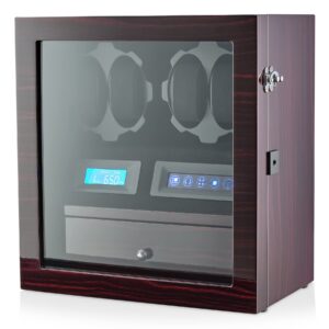4 Watch Winder with 5 Watch Storage Space, LCD Display, Touch Control and Interior Light (Ebony + Black Velvet)