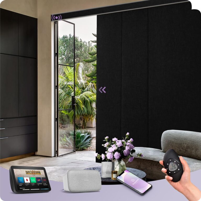 Graywind Motorized Sliding Panels Blackout Compatible with Alexa Google Smart Panel Track Blinds Remote Shades for Patio Sliding Door, Custom Size (Matt Black)