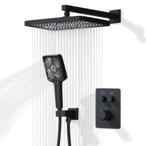 JQBQS Thermostatic Shower Valve/System 12 inches Black Brass Faucet Set With Diverter/Mixer With Handheld Rain Head High Pressure Modern Rainfall