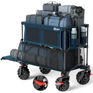 PORTAL 400L Large Capacity Collapsible Double Decker Wagon with Brakes, 450LB Heavy Duty Folding Cart with Tailgate, Foldable Utility Wagons for Camping, Beach, Garden, Sports, Shopping