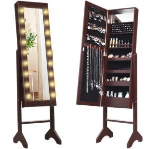 Giantex Standing Jewelry Armoire with 18 LED Lights Around the Door, Large Storage Mirrored Jewelry Cabinet with Full Length Mirror, 16 Lipstick Holders, 1 Inside Makeup Mirror (Brown)