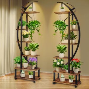 homegroove 2 pcs 6 Tier Tall Metal Plant Stand Indoor with Growing Light, Half Moon Shape Large Plant Shelf & Detachable Wheels, Curved Ladder Flower Pot Stand Rack for Home Patio Lawn Garden Balcony