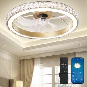 Aipsun Low Profile Modern Crystal Chandelier Ceiling Fans with Lights and Remote, 3000K-6500K Smart Bladeless LED Fan Light, 22" Gold Modern Ceiling Fans with Lights for Bedroom