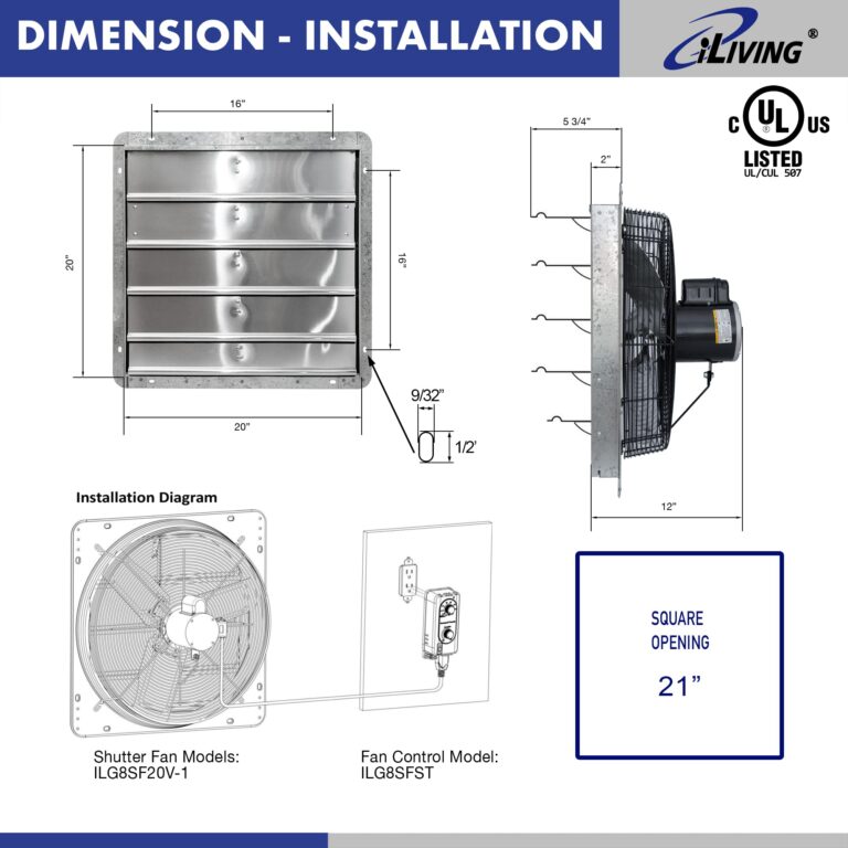 iLIVING 20" Wall Mounted Shutter Exhaust Fan, Automatic Shutter, with Thermostat and Variable Speed controller, 2.2A, 3368 CFM, 5000 SQF Coverage Area Silver (ILG8SF20V-ST) - Image 2
