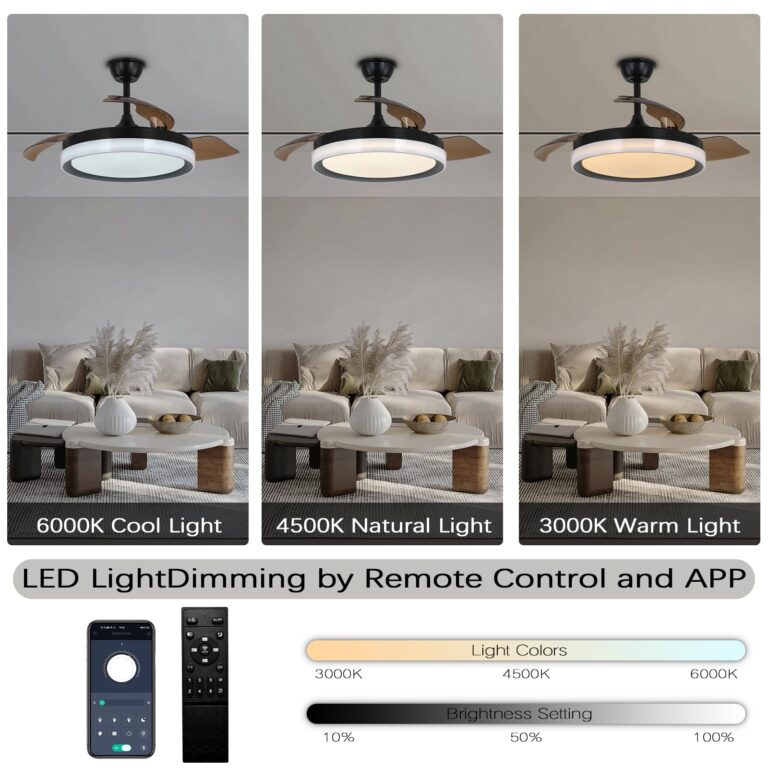Zenouidle 42" Retractable Ceiling Fan Modern Ceiling Fans with Lights and Remote,3 Color 6 Speed Round Dimmable Fandelier for Bedroom Living Room Dining Room - Image 6