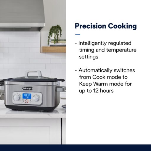 DeLonghi Livenza Multi-Cooker, Stainless Steel - 6 qt - Crock Pot Slow Cooker - 24-Hour Programmability & Seven Modes - Includes Non-Stick Dishwasher-Safe Pot, Steam Rack & Glass Lid - Image 5