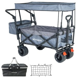 SKYMANOR Collapsible Wagon Folding Garden Cart with Removable Canopy Utility Wagon Cart with All-Terrain Wheels 4 Brake Beach Cart Heavy Duty Beach Wagon for Camping (Light&Dark Gray Splicing)