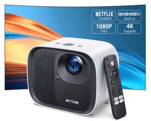 ETOE 4K Android TV 10.0 Projector, 1080P FHD Smart Projector with Auto Focus, Auto Keystone, 600 ANSI Lumens, Dual 10W Speakers, Netflix-Certified, 5.1G WiFi Bluetooth, Movie Projector with Bag-White