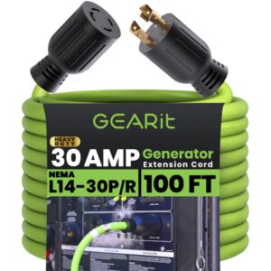 GEARit 30-Amp Generator Extension Cord (100 Feet) 4-Prong 120/250-Volt 7500W, NEMA L14-30P/L L14-30R, 10 Gauge SJTW Locking Power Cord for Manual Transfer Switch, Portable Generators, Power Outage