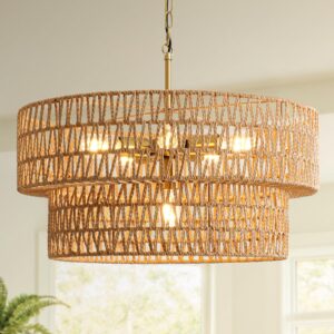 23.6" Boho Rattan Chandelier, 6-Light Large Rattan Pendant Light with 2-Tier Wicker Shade, Bohemian Farmhouse Ceiling Light Fixture Chandelier for Dining Room, Living Room, Bedroom, Kitchen Island